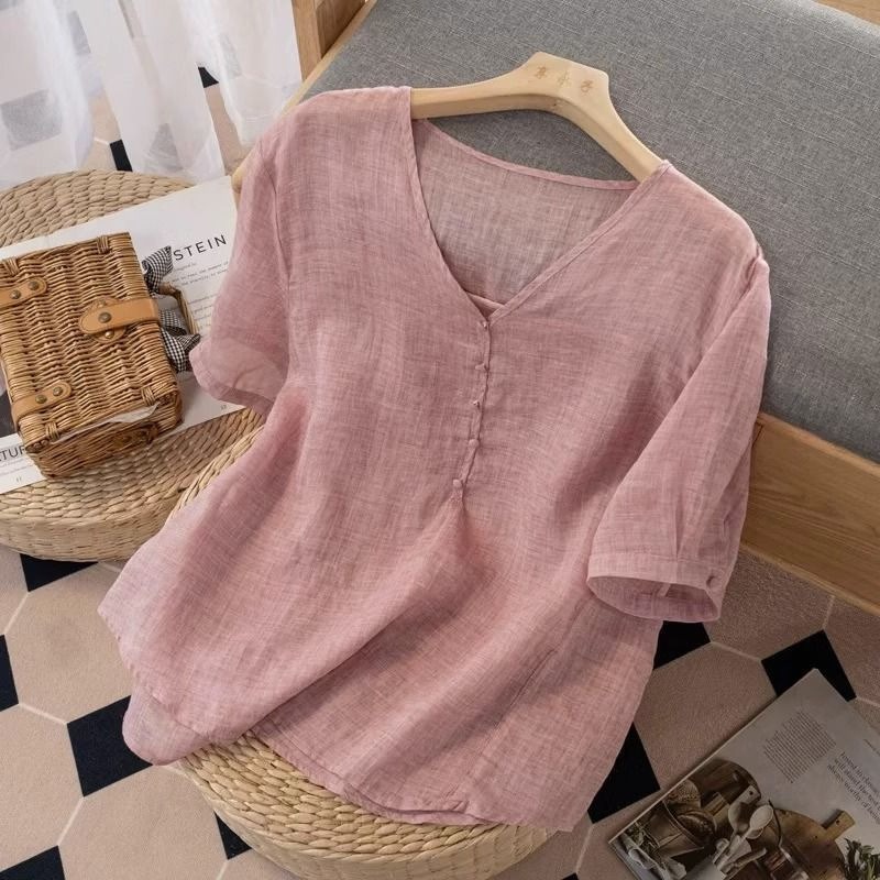 Women's Linen Blend V-Neck T-S - Linen Shirt Breathable 评论和价格