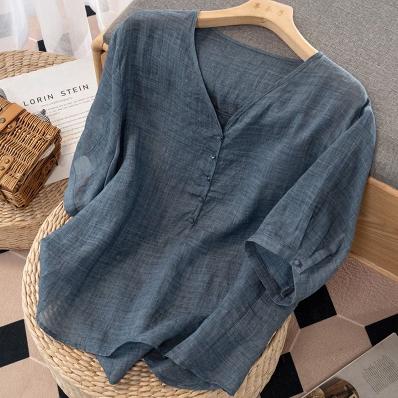 Women's Linen Blend V-Neck T-S - Linen Shirt Breathable 评论和价格
