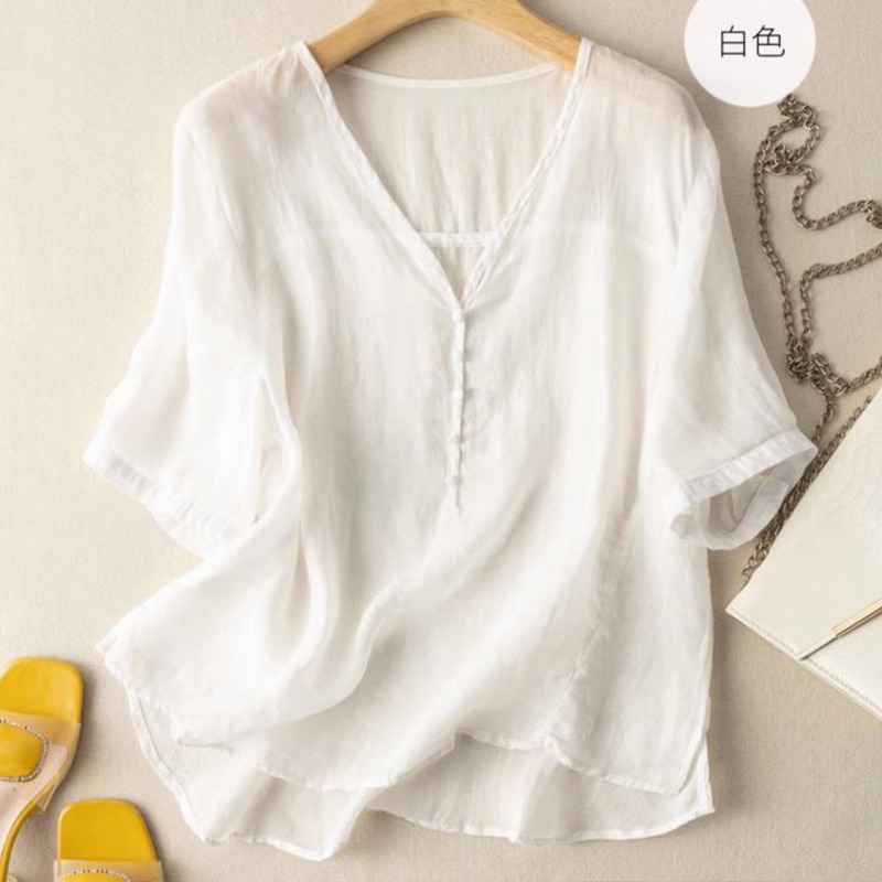 Women's Linen Blend V-Neck T-S - Linen Shirt Breathable 评论和价格